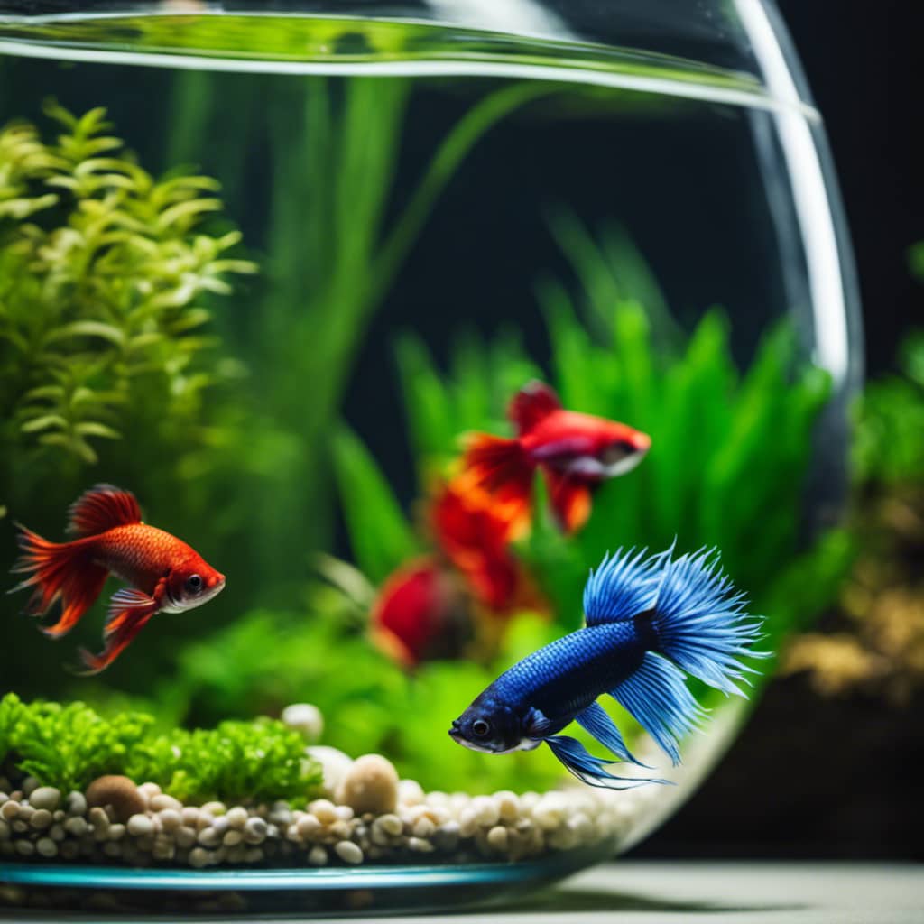 Y-colored betta fish swimming happily in a well-maintained bowl, surrounded by healthy aquatic plants and other natural decorations