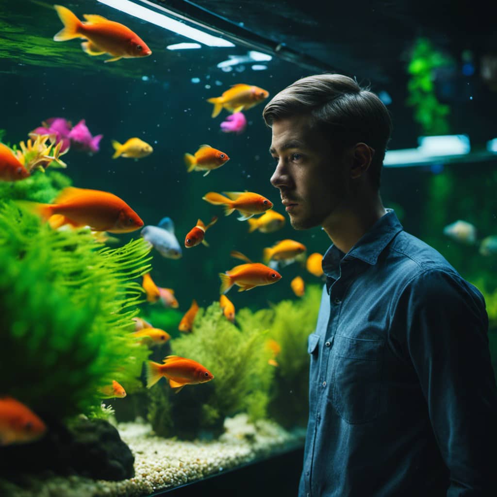 E aquarist stands beside a bright, 10 gallon tank, filled with colorful, peaceful fish swimming in a heavily planted environment