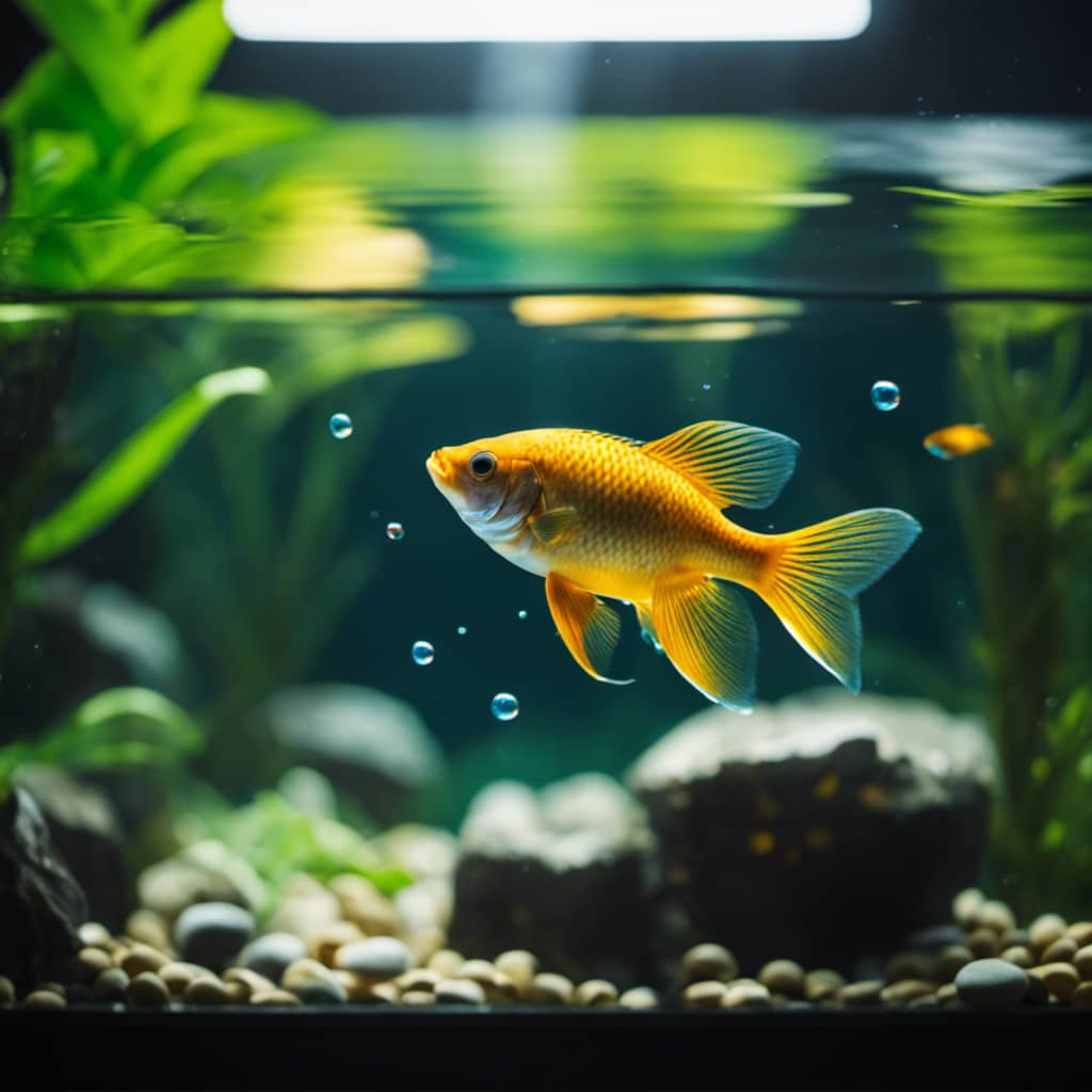 Of a fish tank, with a fish swimming quickly, darting between plants and rocks, and bubbles rising up quickly from the filter
