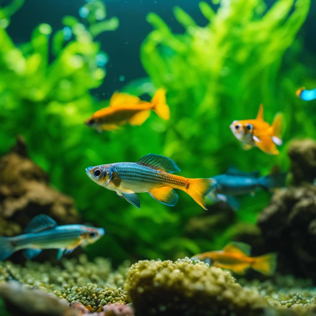 Nt, lush underwater scene with a school of wild guppies swimming among rocks and plants in their natural habitat