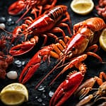 Stration of a Crayfish, Lobster, Shrimp and Prawn side-by-side with visible differences in size, texture, and color