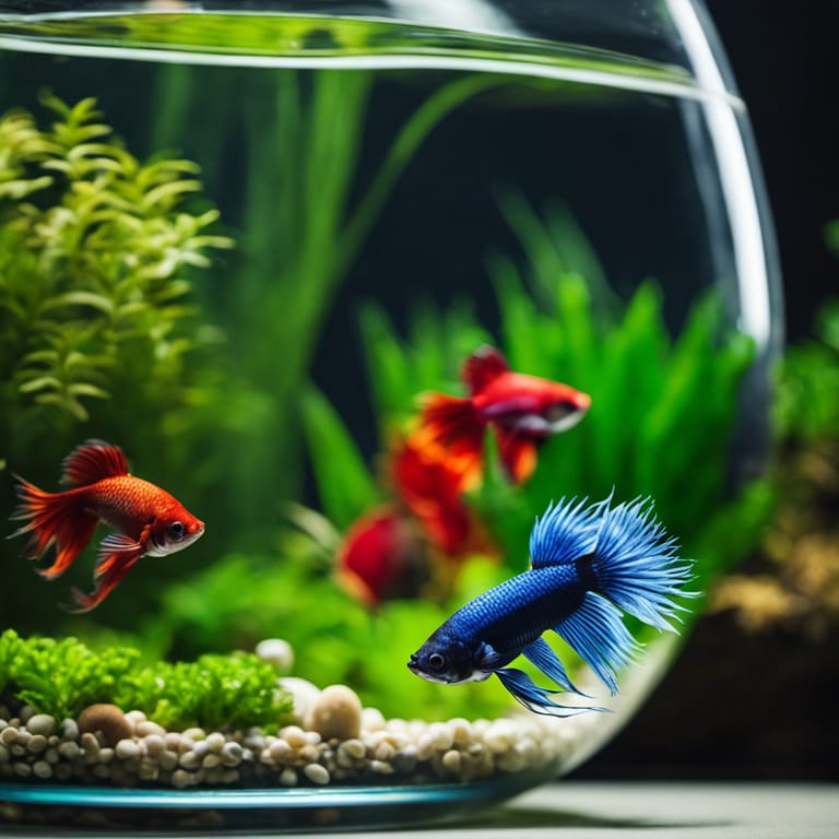 Y-colored betta fish swimming happily in a well-maintained bowl, surrounded by healthy aquatic plants and other natural decorations