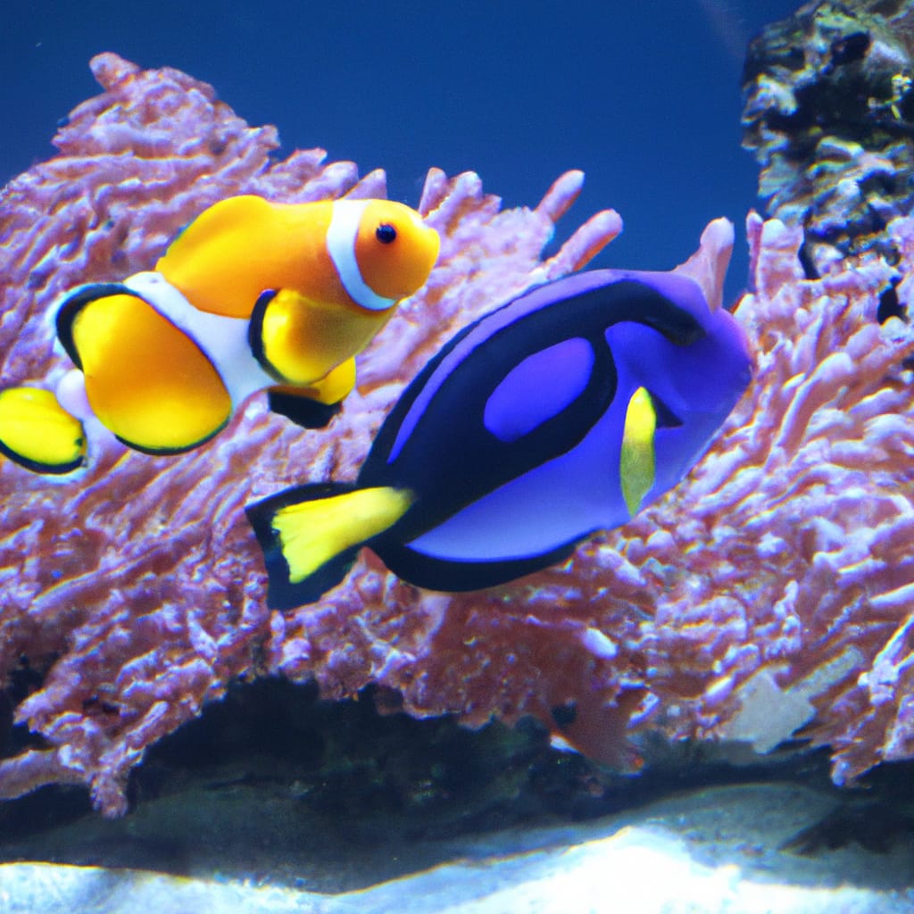 Ful and peaceful saltwater aquarium, with two clownfish and a blue tang swimming in harmony together