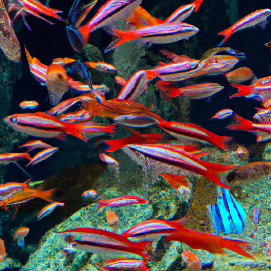 -up image of a brightly-colored school of fish swimming in a coral reef, with each fish displaying a unique hue