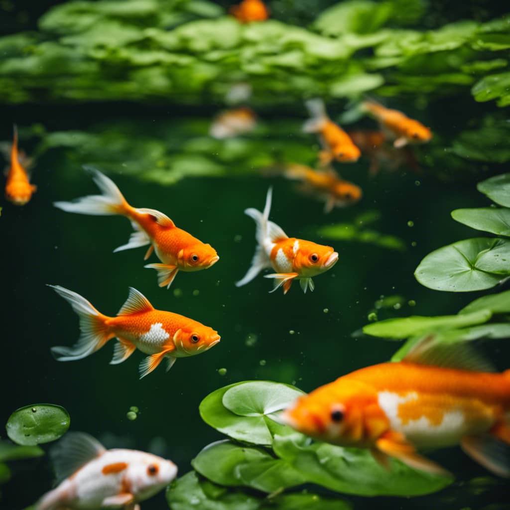Resque outdoor pond filled with vibrant orange and white goldfish, surrounded by lush, green foliage