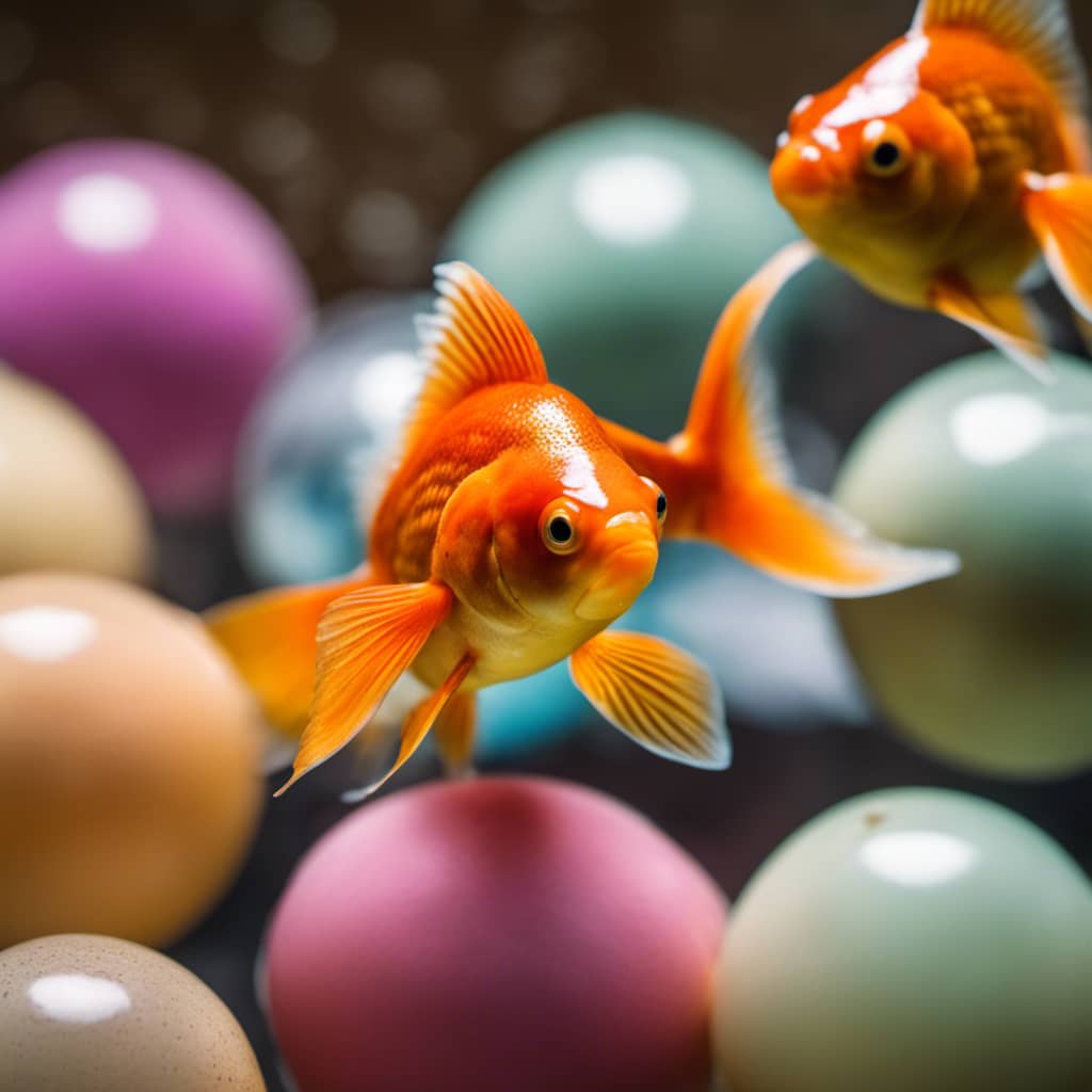 -up of a female goldfish with an egg-filled belly, surrounded by five differently-colored hourglasses of varying sizes