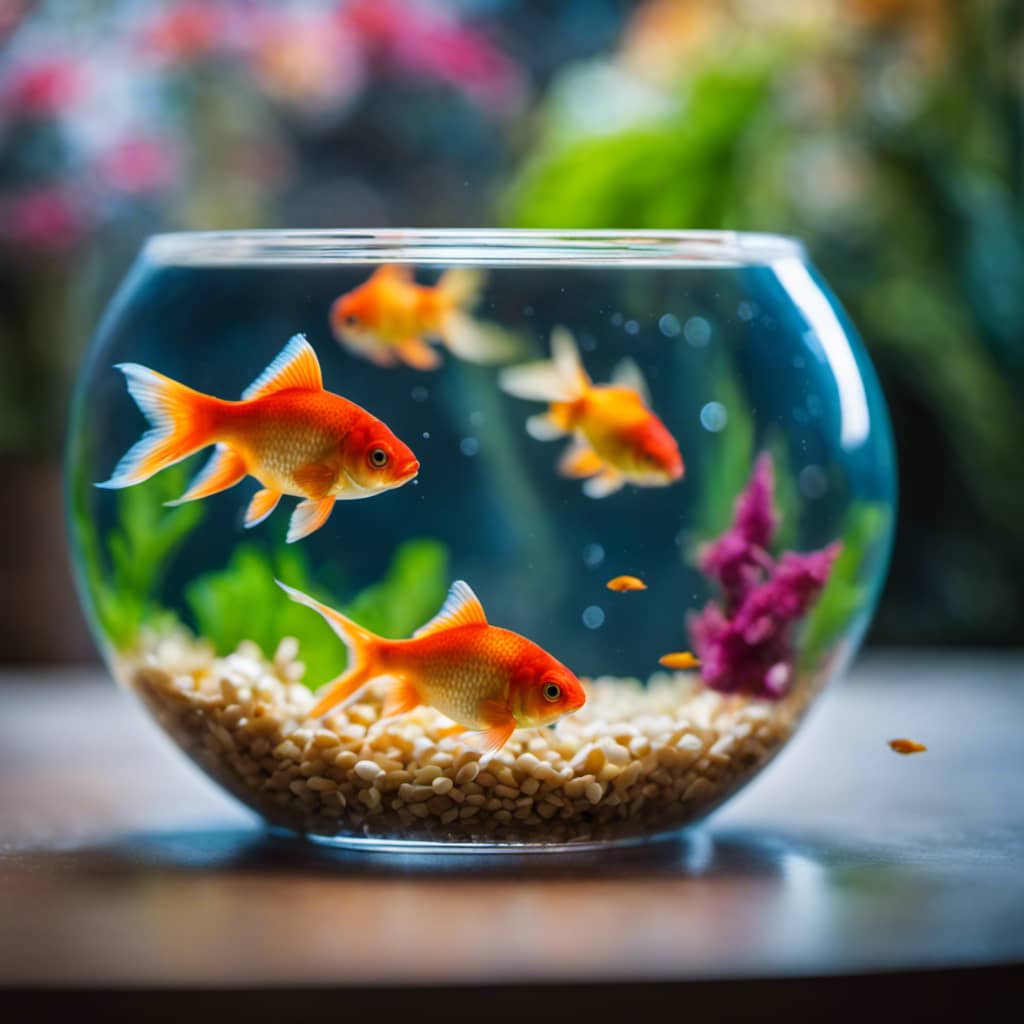 Bowl with 5 colorful goldfish swimming around, each with a label above it noting a step in fish care (e