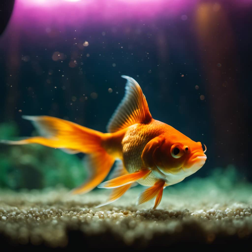 -up of a goldfish swimming in an aquarium with five beams of light radiating from it, highlighting the importance of light for the fish