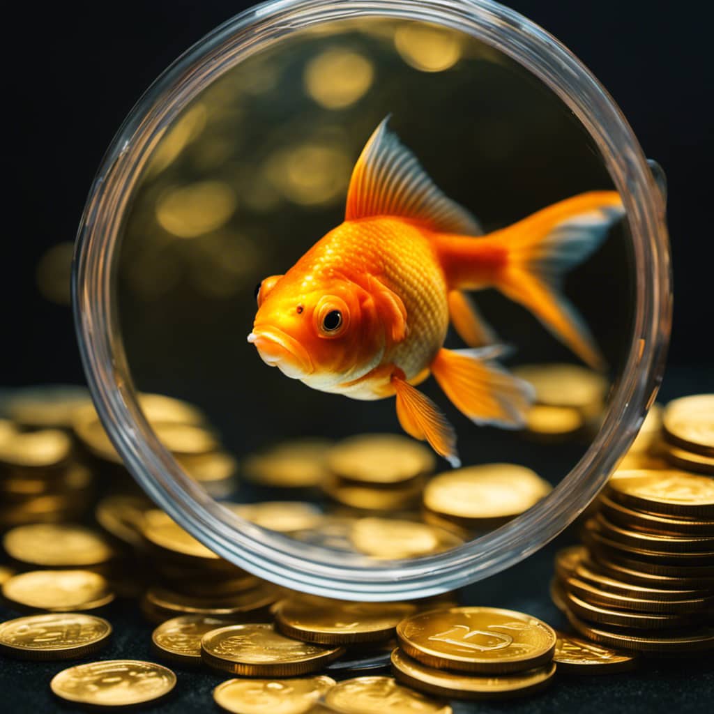 -up of a goldfish inside a tank, with a magnifying glass layered over it, next to 7 gold coins, each with a different symbol on it