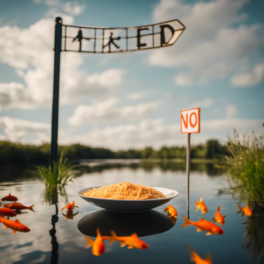 Of floating white breadcrumbs beside a school of goldfish swimming in a pond, with a sign post nearby with a "No Bread" sign hung on it