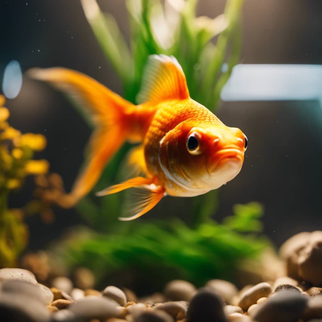 Close-up of a small goldfish swimming around a brightly colored rock and plant decoration in a tank with a light-colored gravel bottom