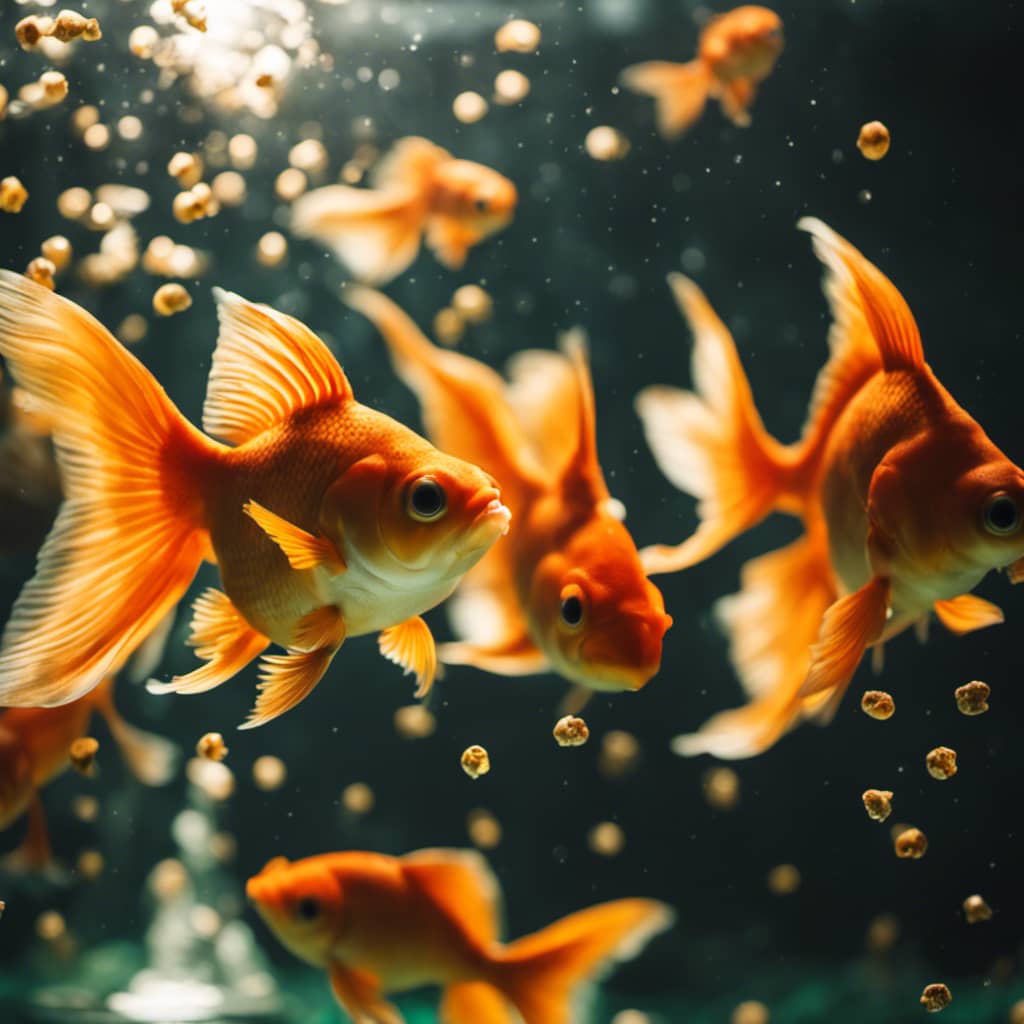 F an aquarium full of goldfish hurrying to eat small pieces of bread floating in the water