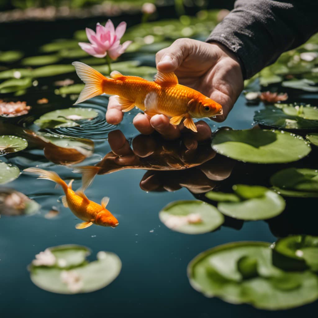 N gently releasing a goldfish into a sparkling pond with lilypads and blooming water plants