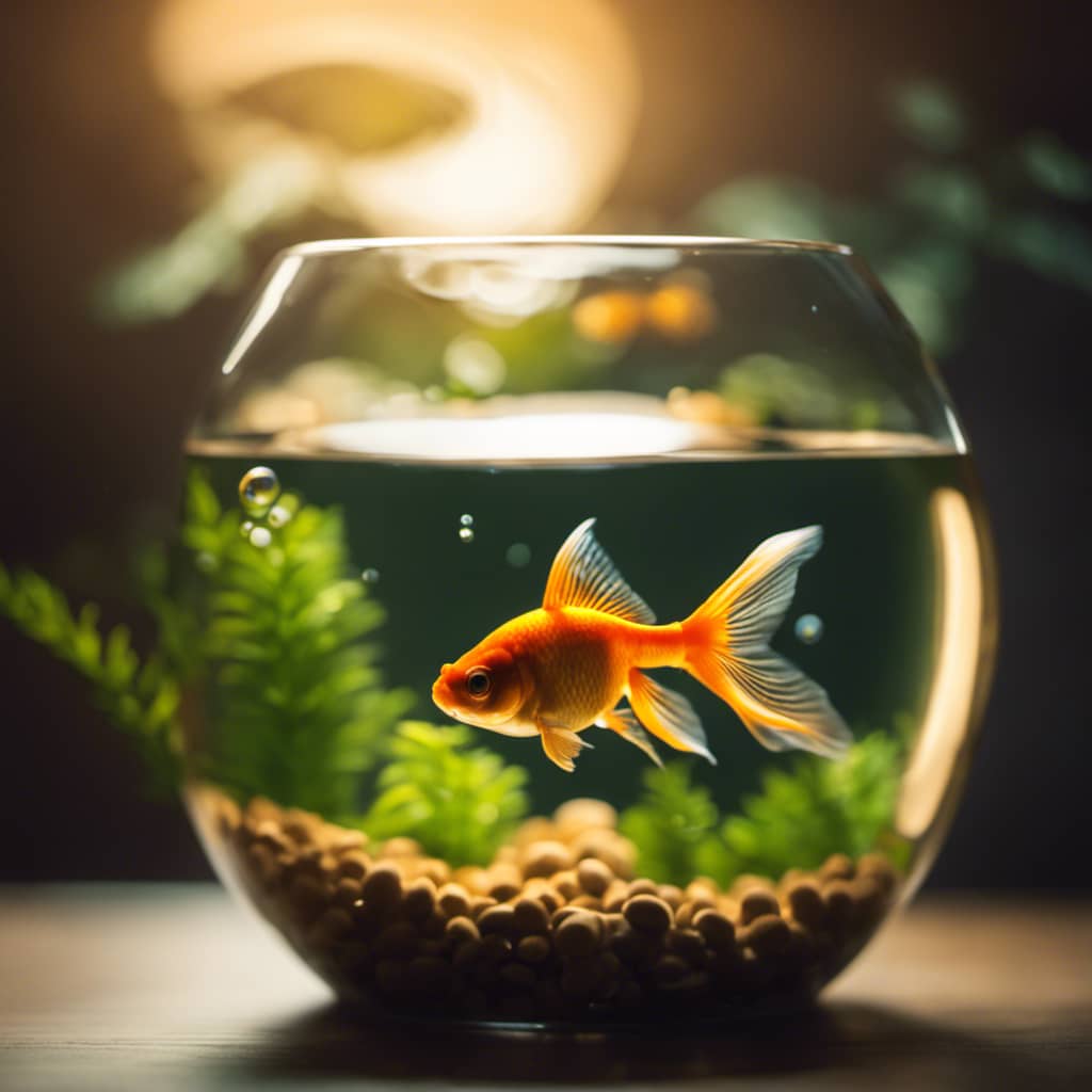 A tranquil goldfish swimming around a small fish bowl with a decorative plant, surrounded by soft bubbles, and an ambient glow of light