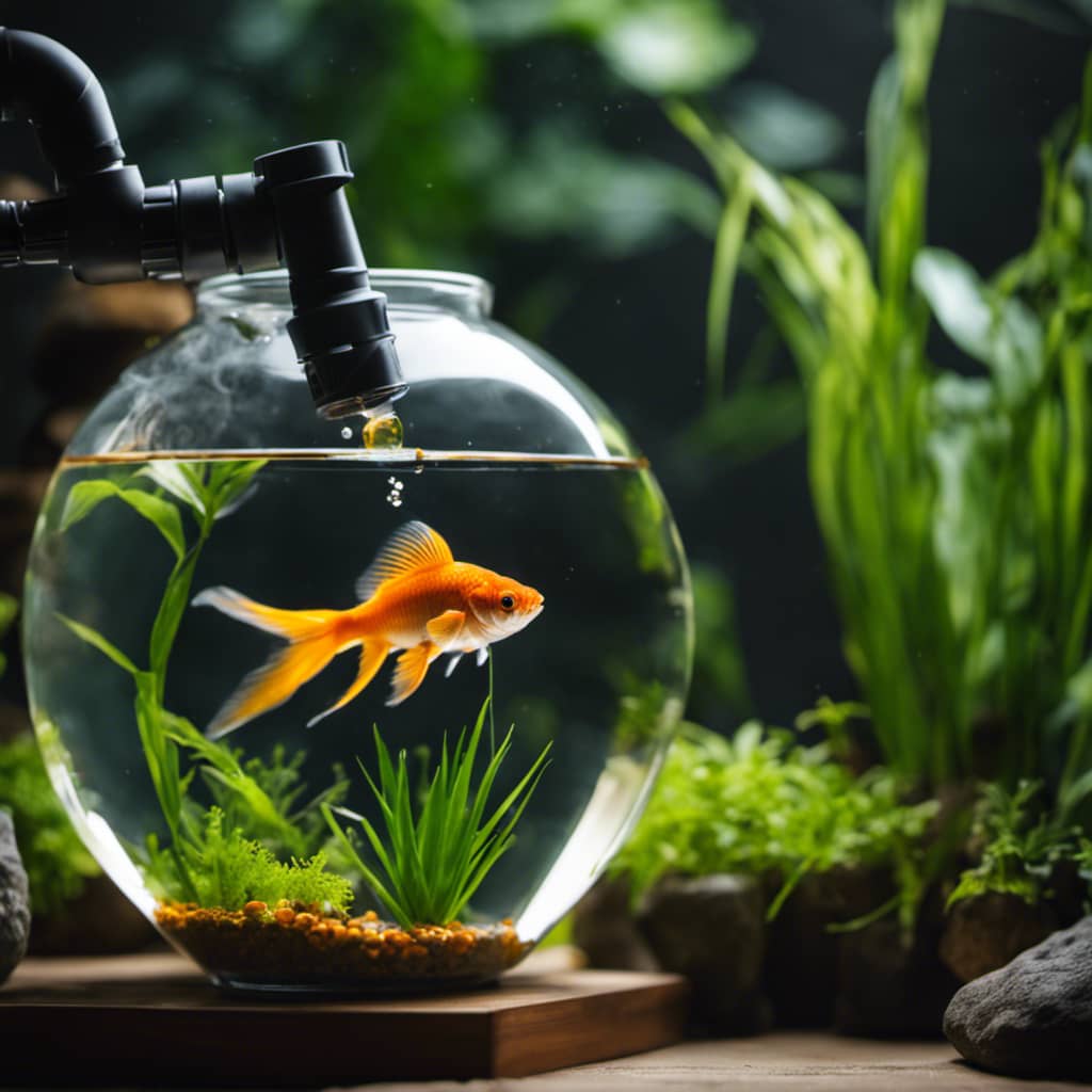 Ish in a tank with a siphon and hose, surrounded by plants and rocks, being changed out for fresh, clear water