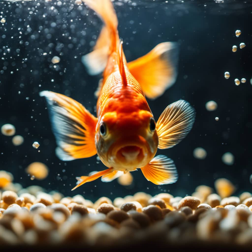 Ish swimming around an aquarium, with a hand gently sprinkling food pellets into the water