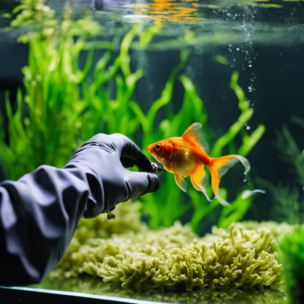 N in apron and gloves, scraping algae from the glass of a goldfish tank, while a goldfish swims around in the background