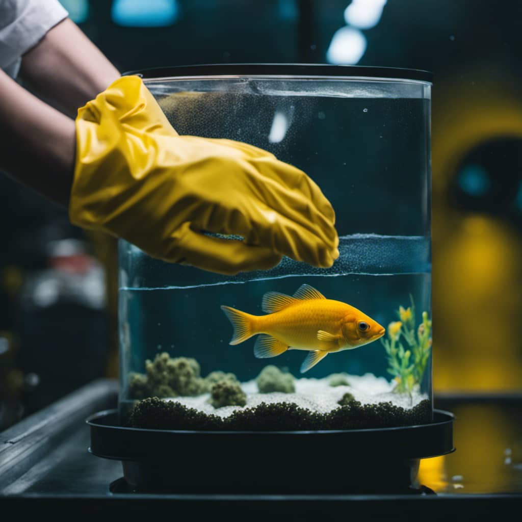 Person in rubber gloves, scrubbing the inside of a large fish tank with a net, and a bucket of water with a sponge nearby