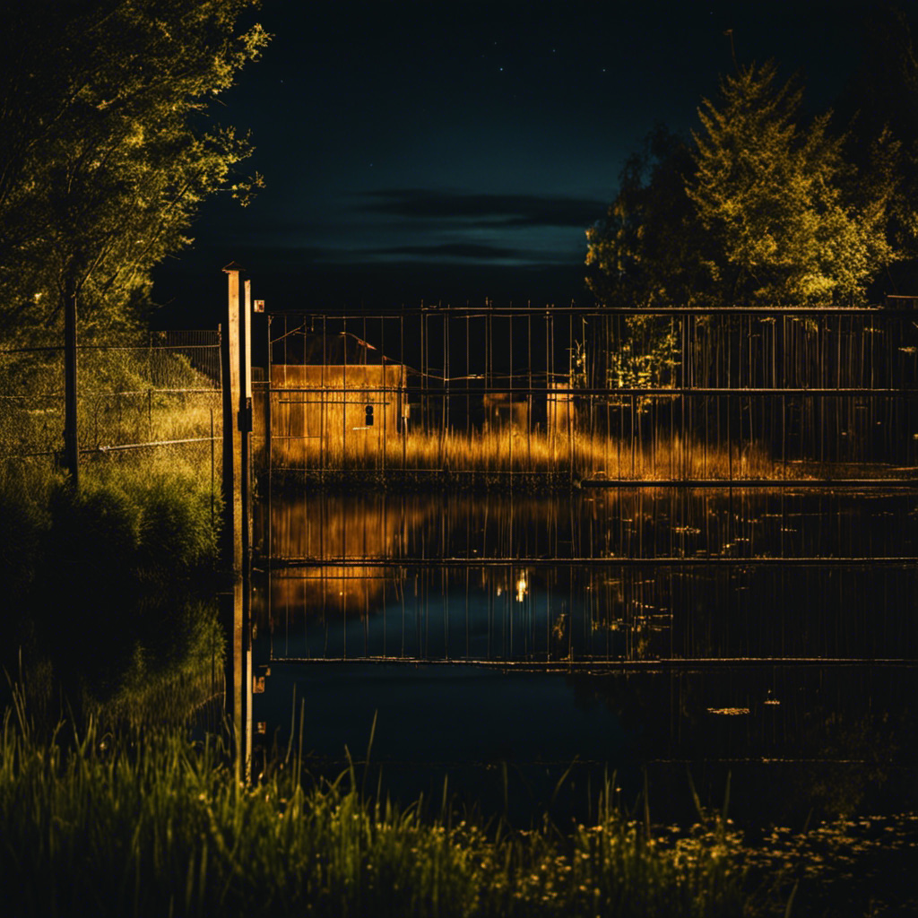 -up of a pond surrounded by a secure fence with a locked gate illuminated by night lighting