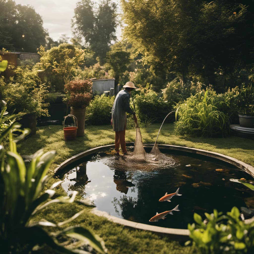 An image of a person standing in a lush garden, with a bucket of water and a net in hand, alongside a newly installed goldfish pond