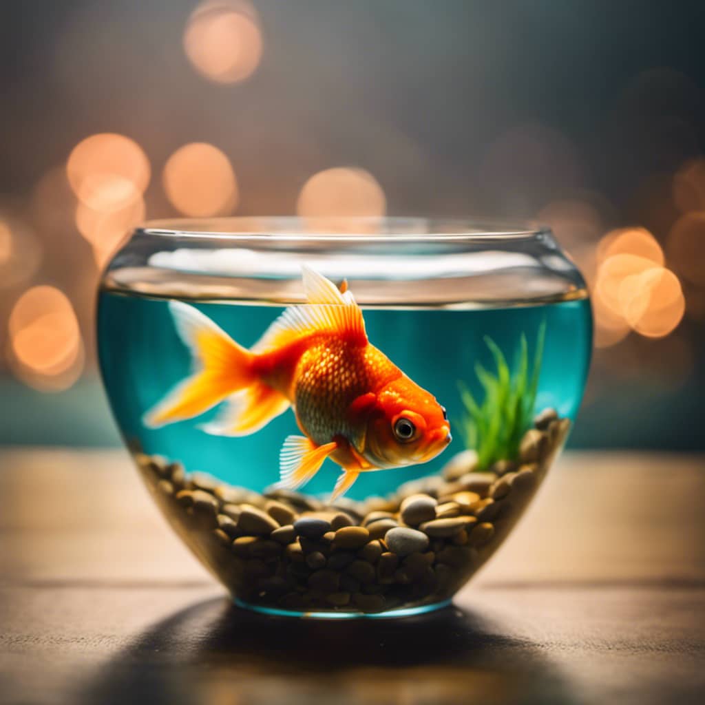 T, vibrant goldfish swimming happily in its bowl, with two small stones underneath it forming a heart shape