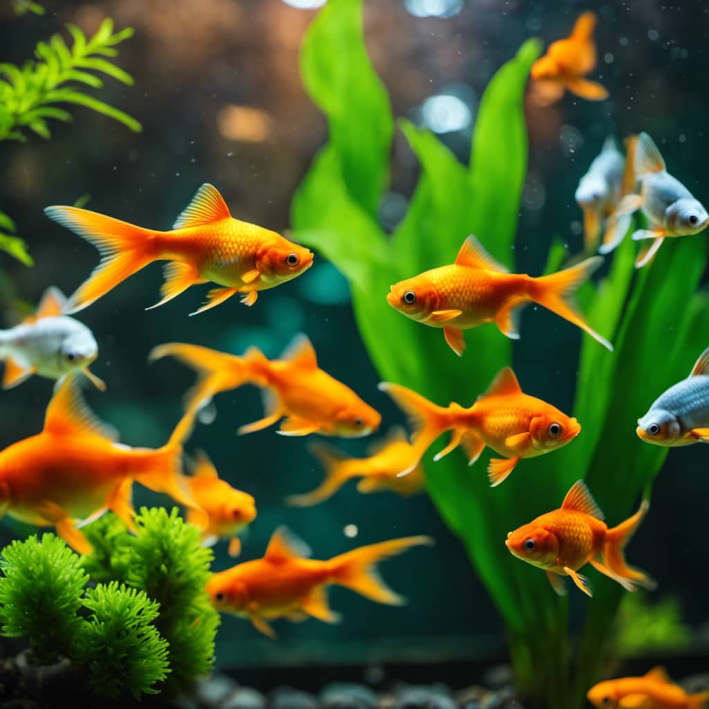 An aquarium with 8 differently colored goldfish circling a single plant, each displaying a unique symptom of a goldfish disease