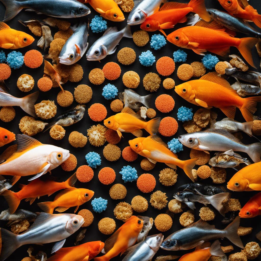 P of colorful variety of fish food, including flakes, pellets, and frozen-dried varieties, arranged in a circular pattern with a goldfish swimming in the center