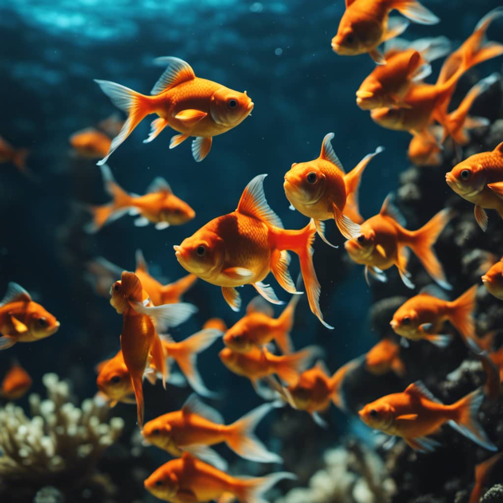 Rwater view of a colorful school of goldfish swimming in an ocean reef