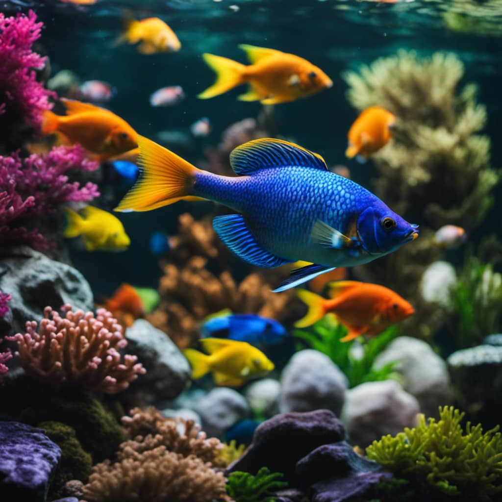 fish tank with fifteen different, brightly-colored fish swimming together in harmony, with a variety of rocks and plants providing a safe environment