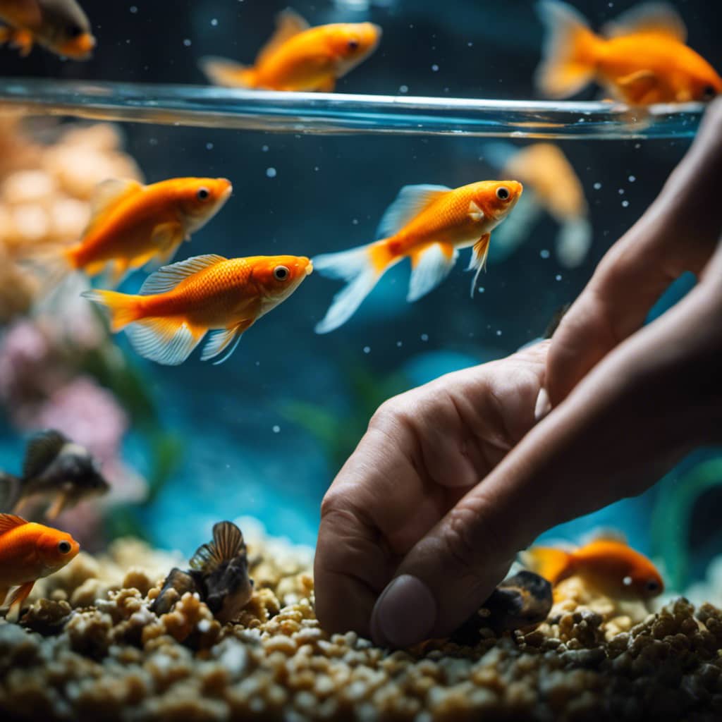 -up of a hand scooping fish food into an aquarium, with five goldfish swimming around