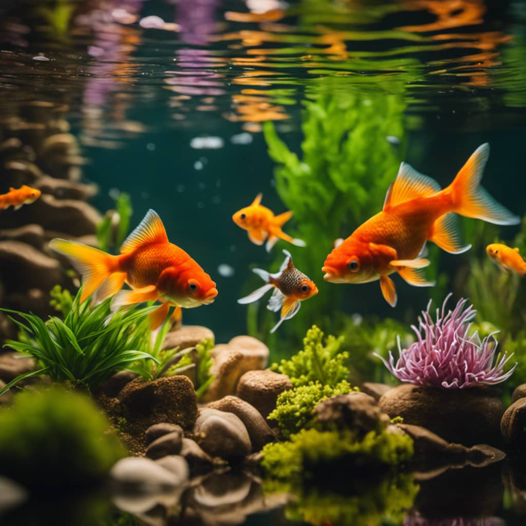 Filled with vibrant aquatic plants, colorful rocks, and diverse goldfish swimming in harmony