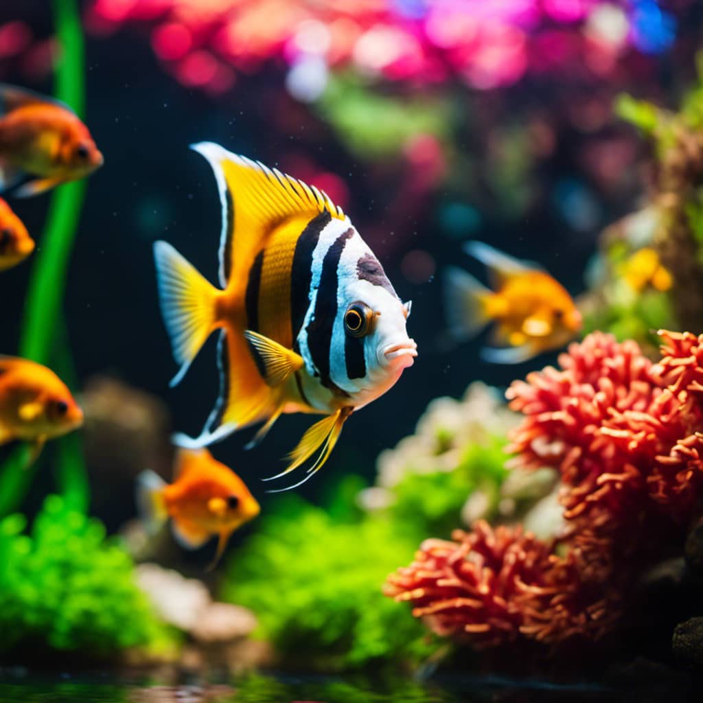 Rful aquarium scene, with angel fish and goldfish co-existing together, peacefully swimming in harmony