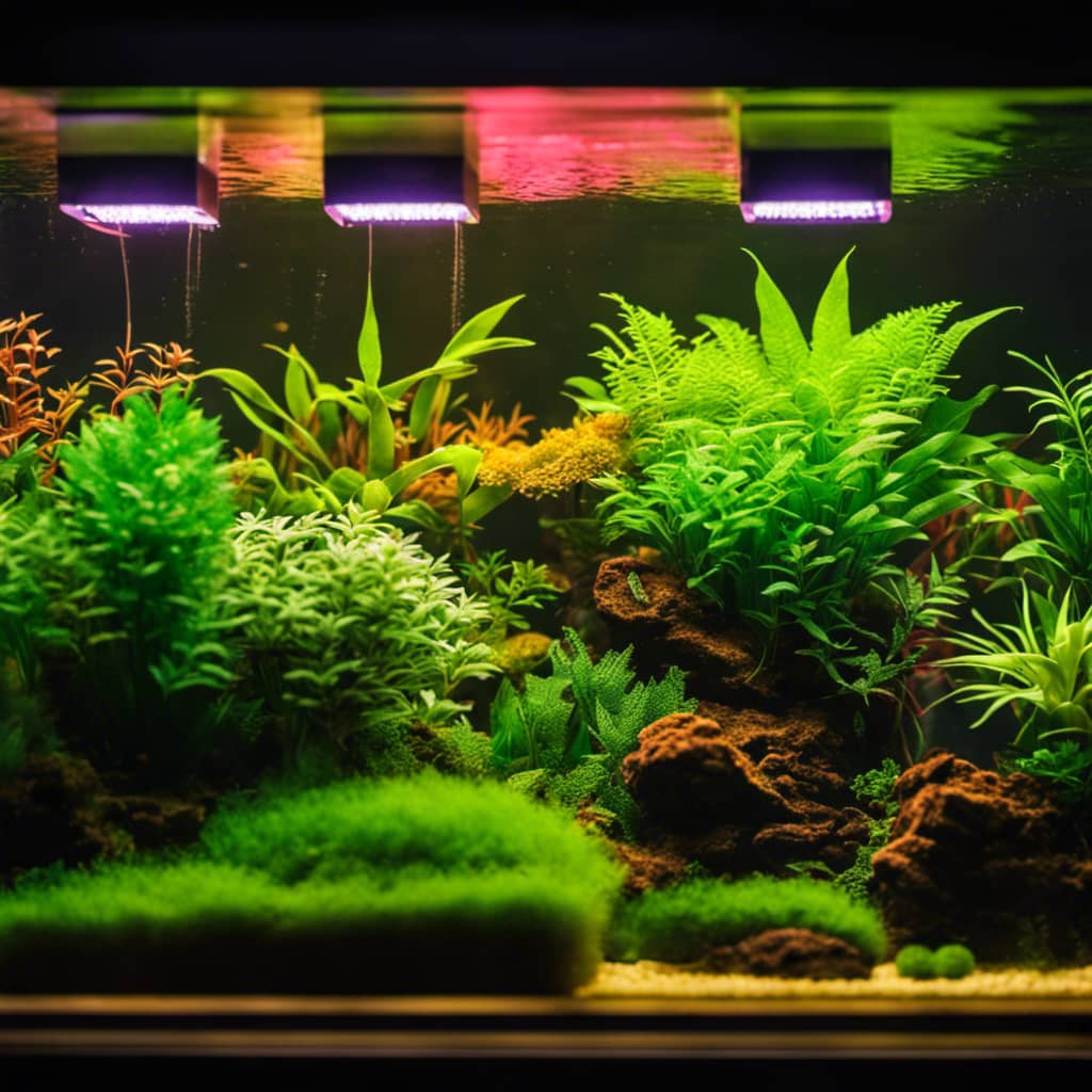 Nt aquascape, showing a variety of aquarium plants and an array of small heaters tucked in amongst the greenery