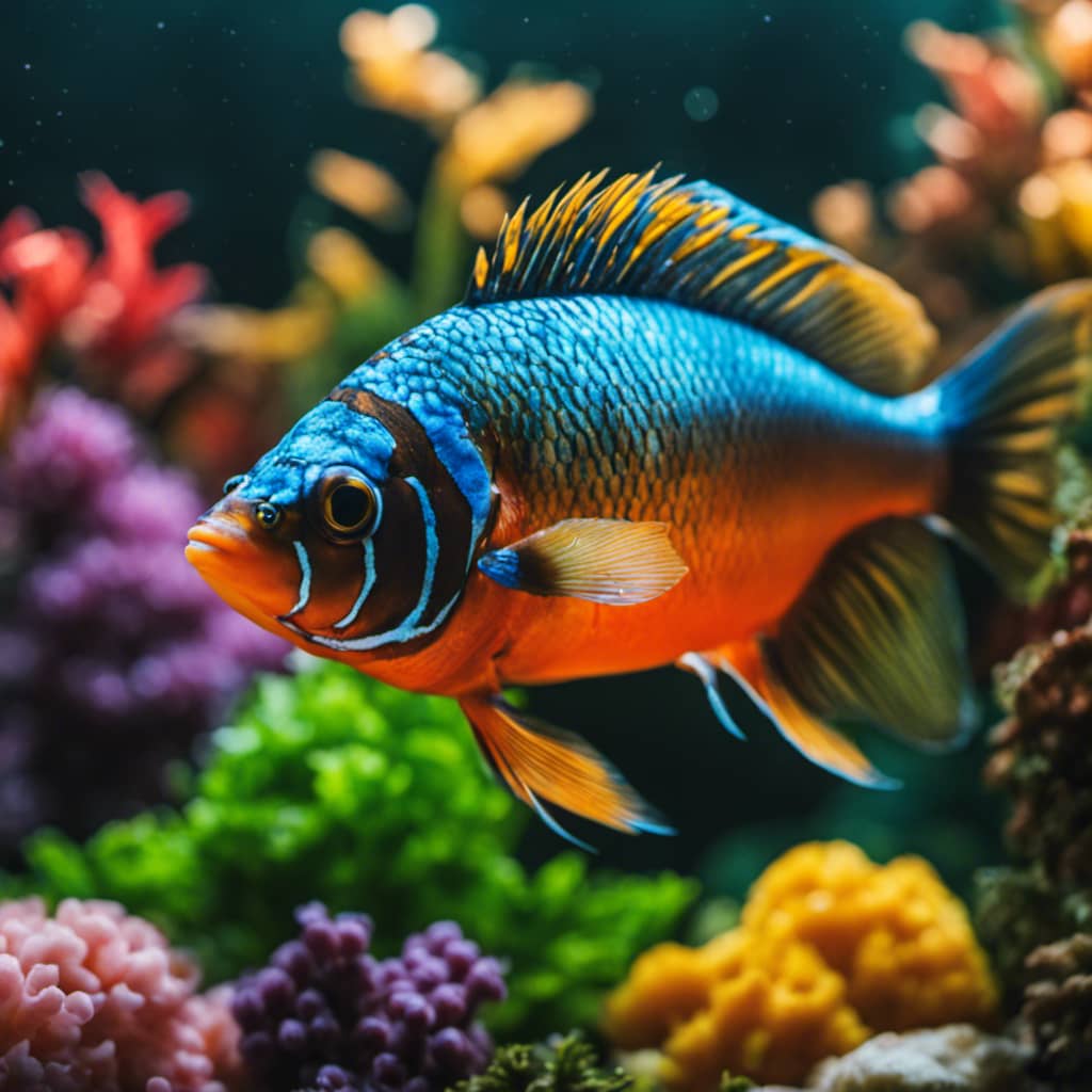 -up image of a colorful fish surrounded by a variety of plant and animal-based food sources