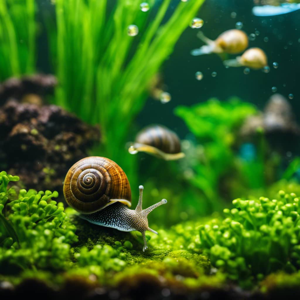 Nt aquarium full of snails surrounded by lush green aquatic plants, with bubbles of oxygen streaming up from the substrate