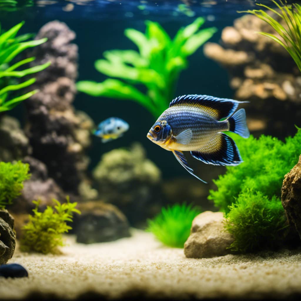 Ful freshwater aquarium with two African Cichlids swimming alongside an Oscar Cichlid