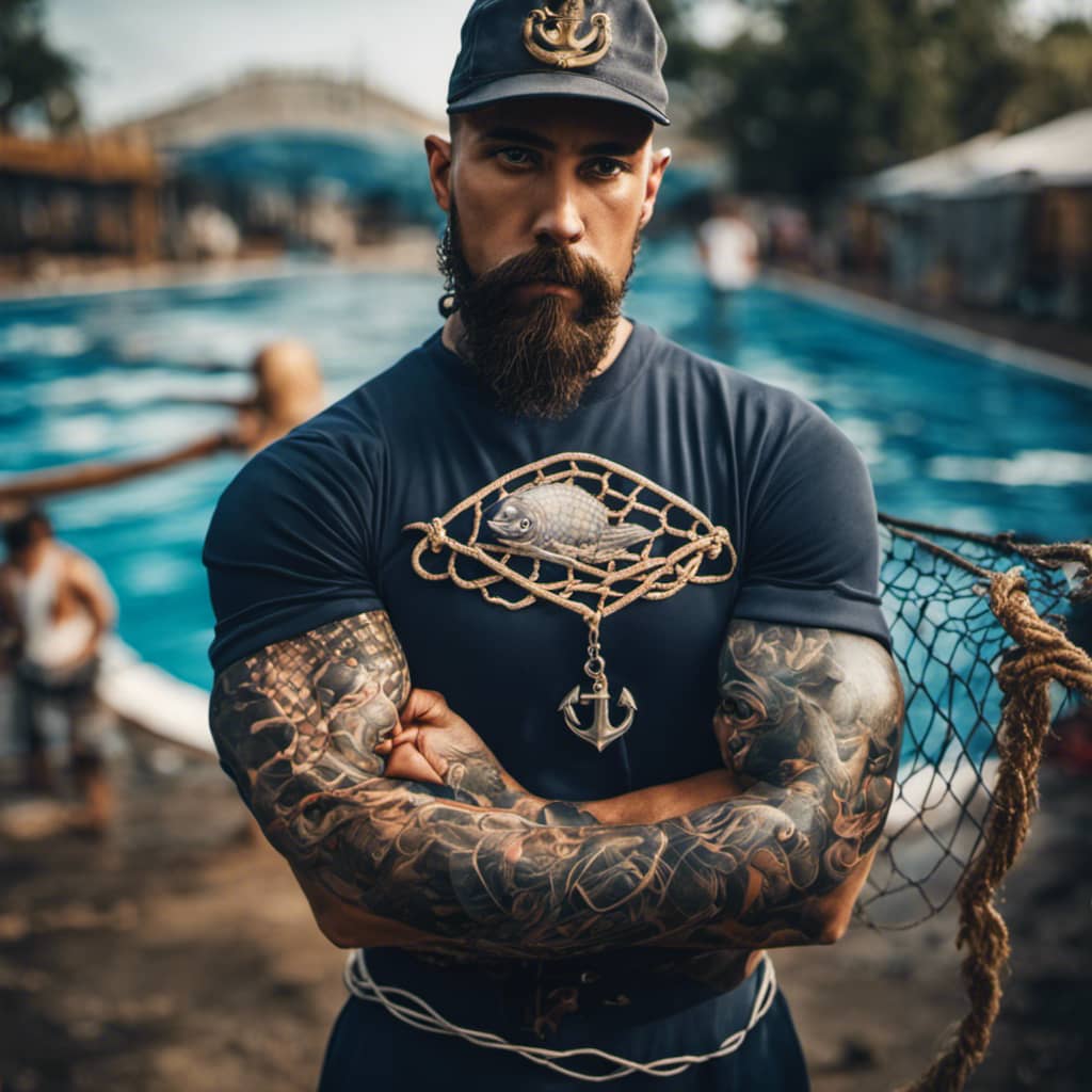 On sailor with an anchor tattoo flexing his arm with a fish in his hand, surrounded by a pool of water and a net on the ground