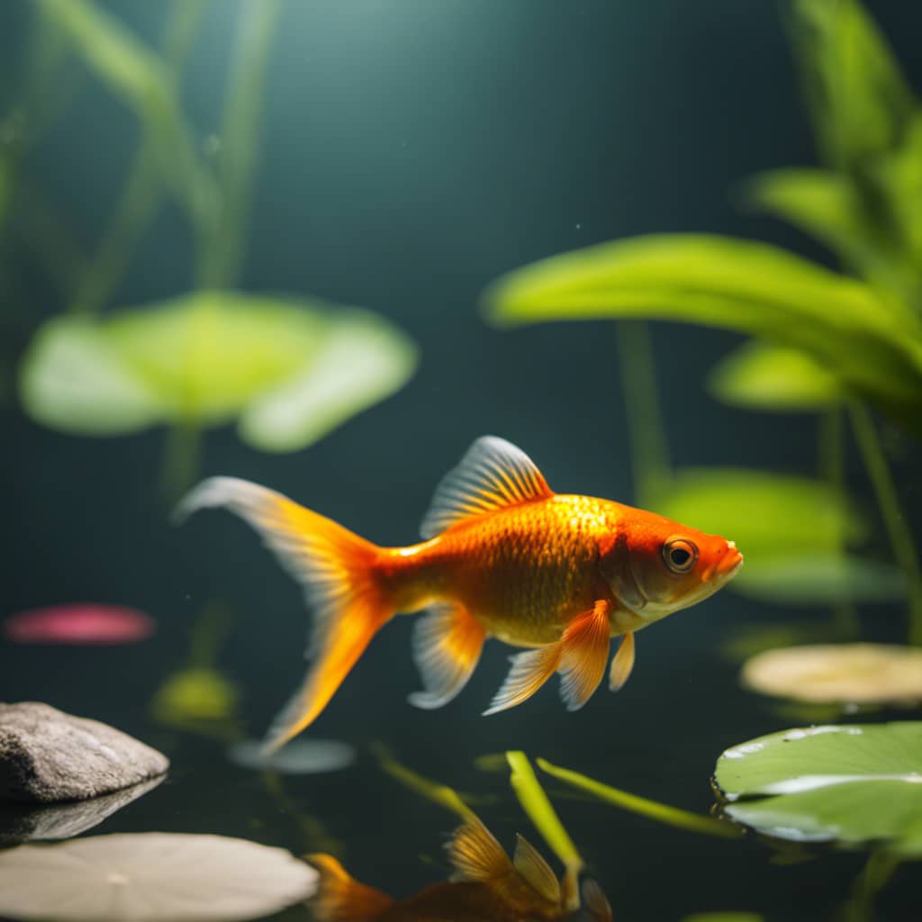 E goldfish swimming in a clear lake surrounded by plants and rocks with a few water lilies floating on the surface