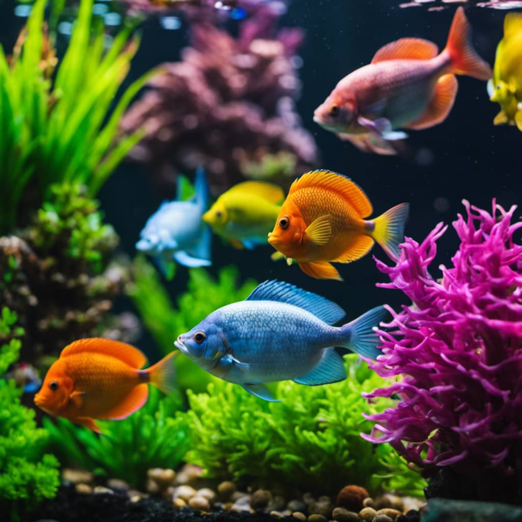 -up of a variety of colorful fish, swimming around a well-stocked aquarium, with the plants and decorations carefully arranged