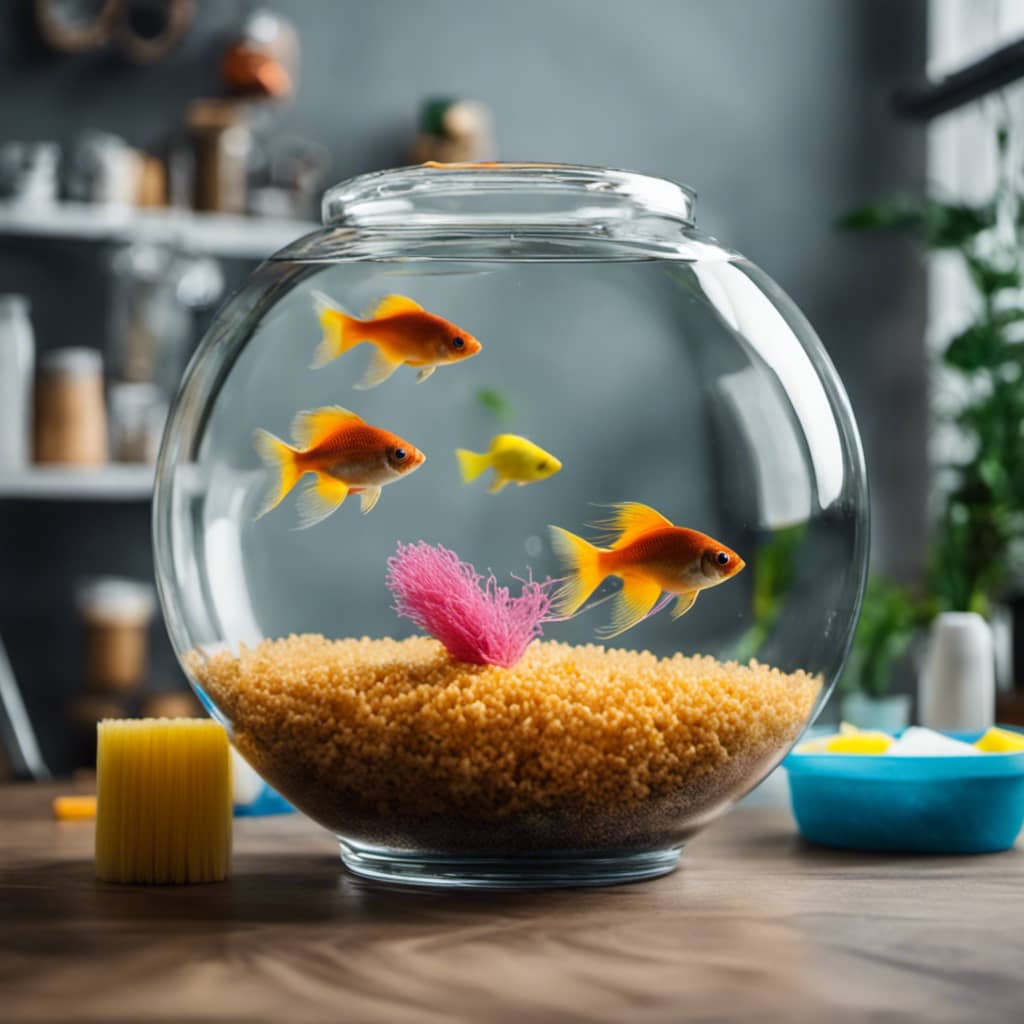 Owl with a fish swimming around it, surrounded by a variety of cleaning supplies and tools, including a sponge, a scrubber, and a fishnet
