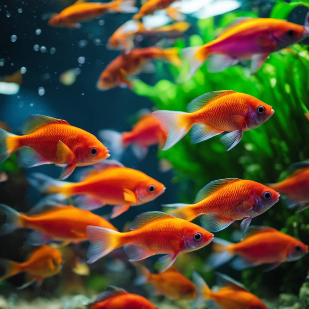 -up of a vibrant, colorful school of fish swimming in a crystal-clear aquarium, with brightly colored plants swaying in the gentle current