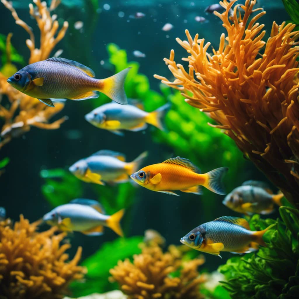 P of a colorful school of fish swimming among lush green underwater plants in a well-lit, peaceful aquarium