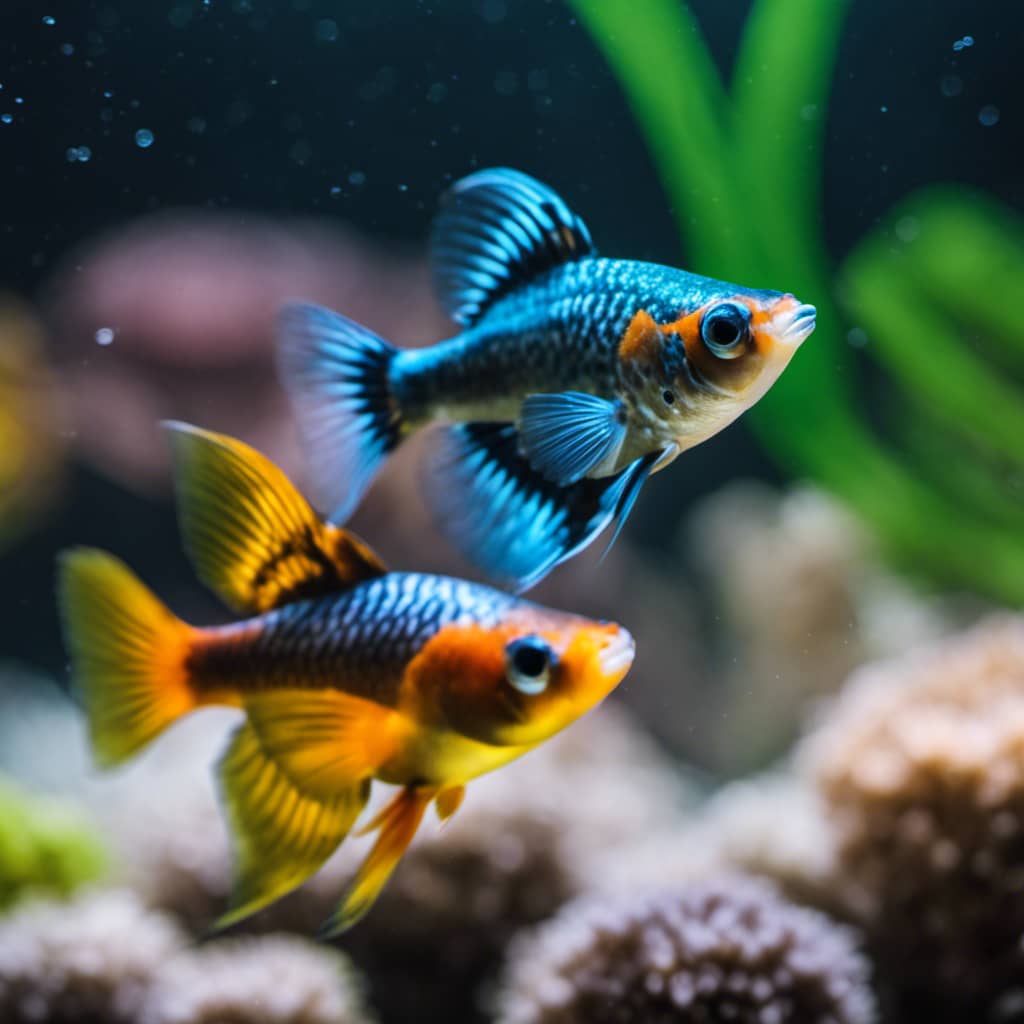 E of two guppies, one orange and one blue, swimming peacefully near each other in a tank of water, hinting at the possibility of hybrid offspring