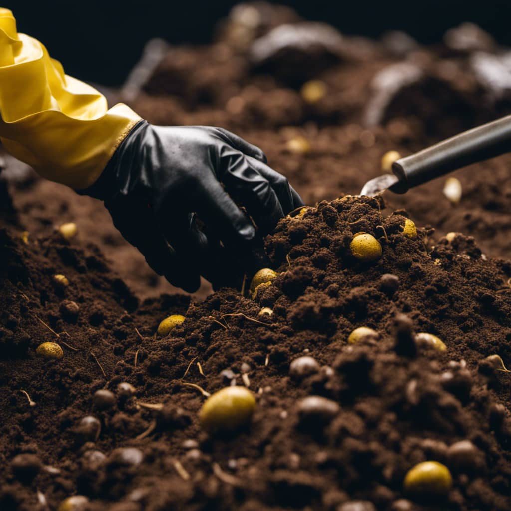 Of soil with a hand gloved in yellow rubber, digging through with a trowel, revealing a wriggling mass of detritus worms