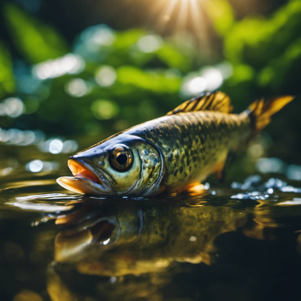 -up of a fish sipping water from a bubbling, sun-dappled pond, its eyes wide in wonder