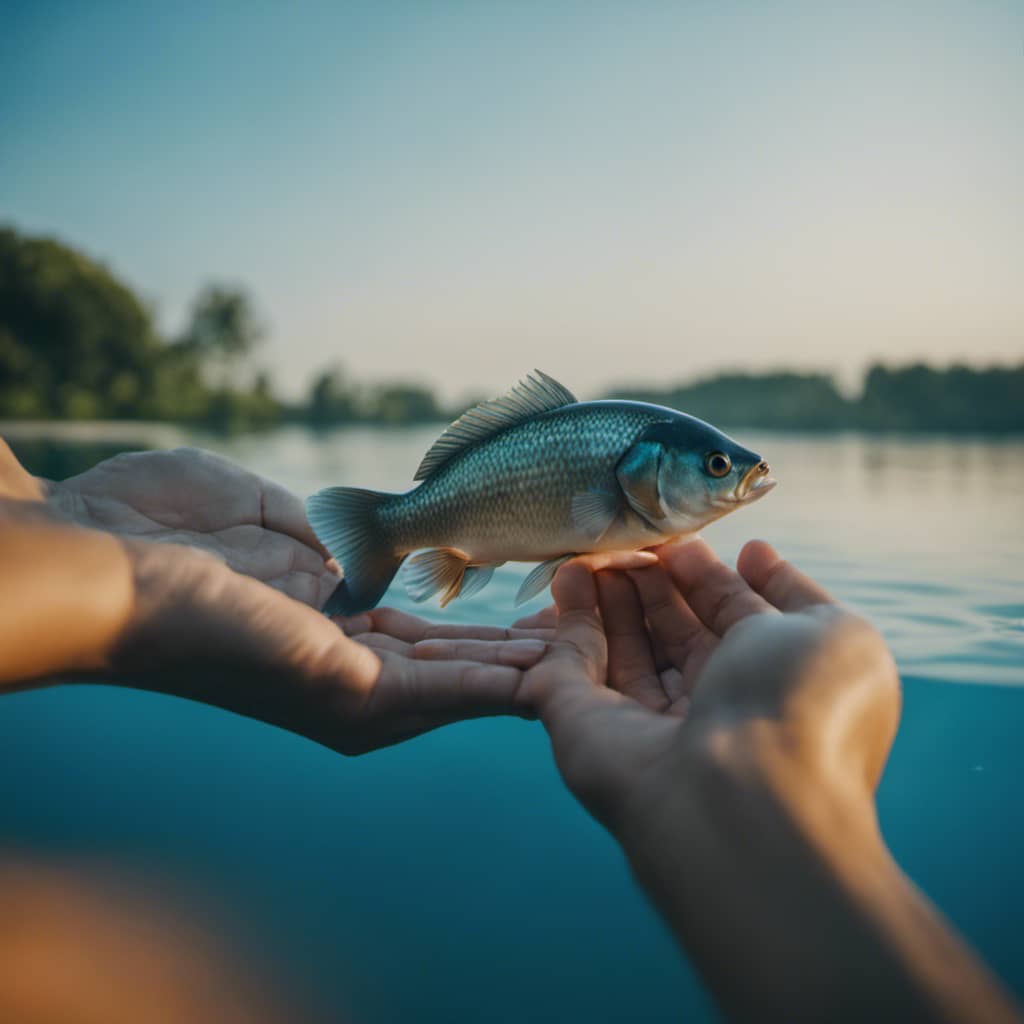 N gently cradling a fish in their hands, surrounded by a pool of clear, clean water, with a background of peaceful, calming blue