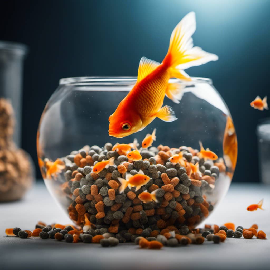 Owl with two goldfish swimming around, a scoop of goldfish food pellets in the foreground, and a measure of one pellet in the background