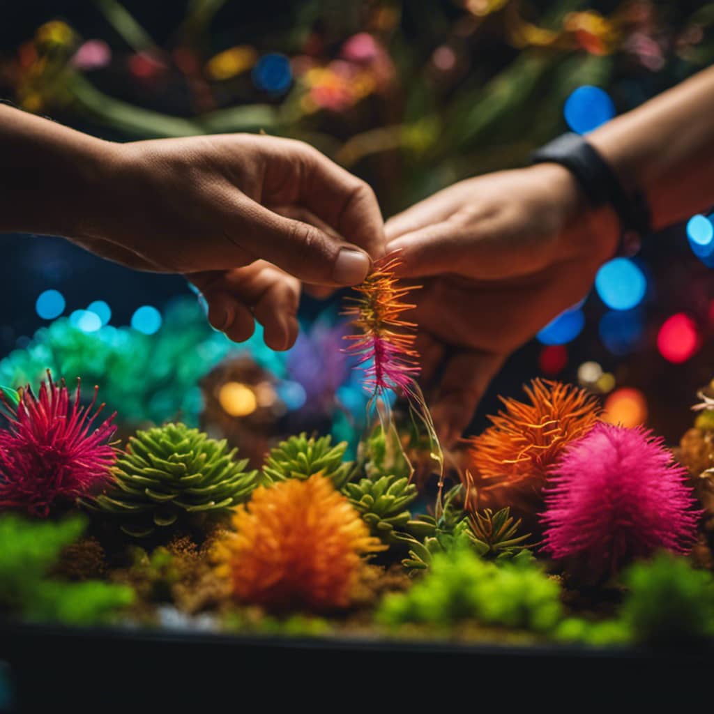 -up of a person's hands carefully placing colorful decorations, substrate, and plants in a warm, bubbling betta fish tank