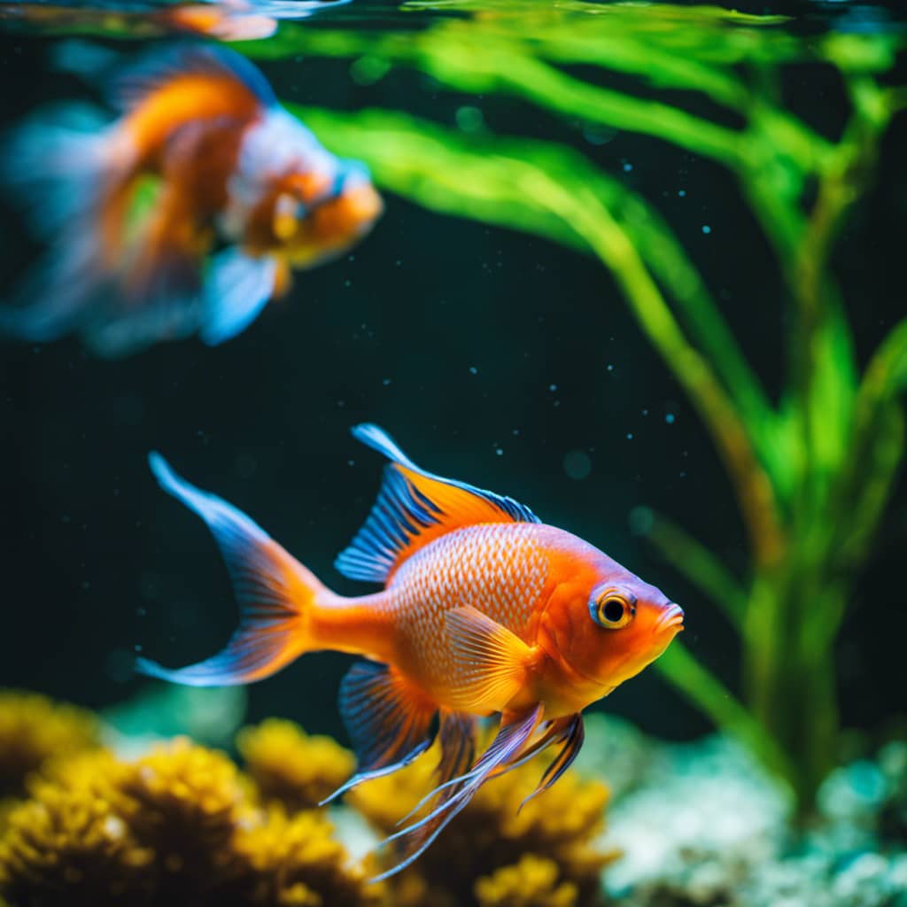 -up of a brightly colored fish swimming up to the edge of a glass tank with an inquisitive, friendly expression