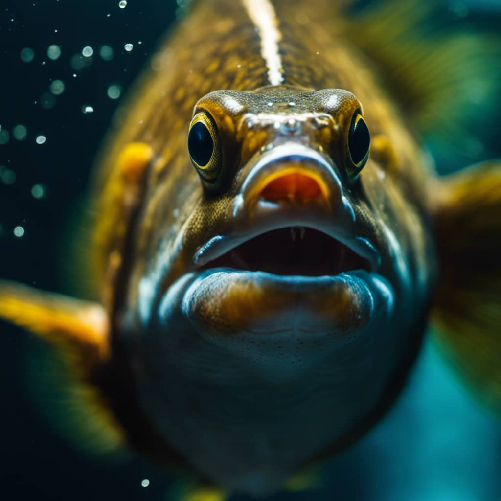 P of a fish, looking lethargic and disheveled, lying on the bottom of a tank with its mouth slightly open